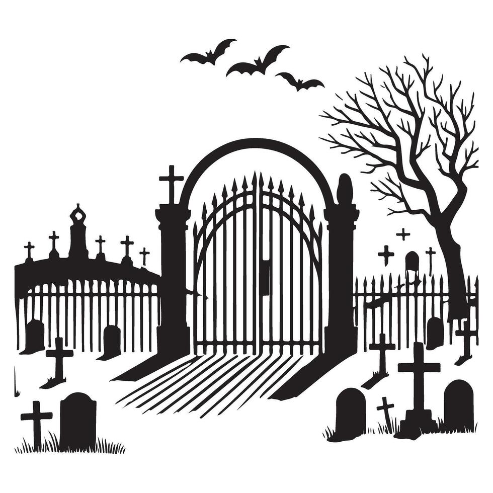 Haunting Cemetery Gates with Tombstones and Bats Illustration vector