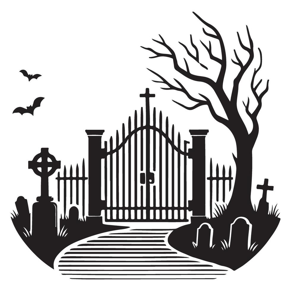 Eerie Cemetery Gates with Bare Tree and Bats Illustration for Halloween vector