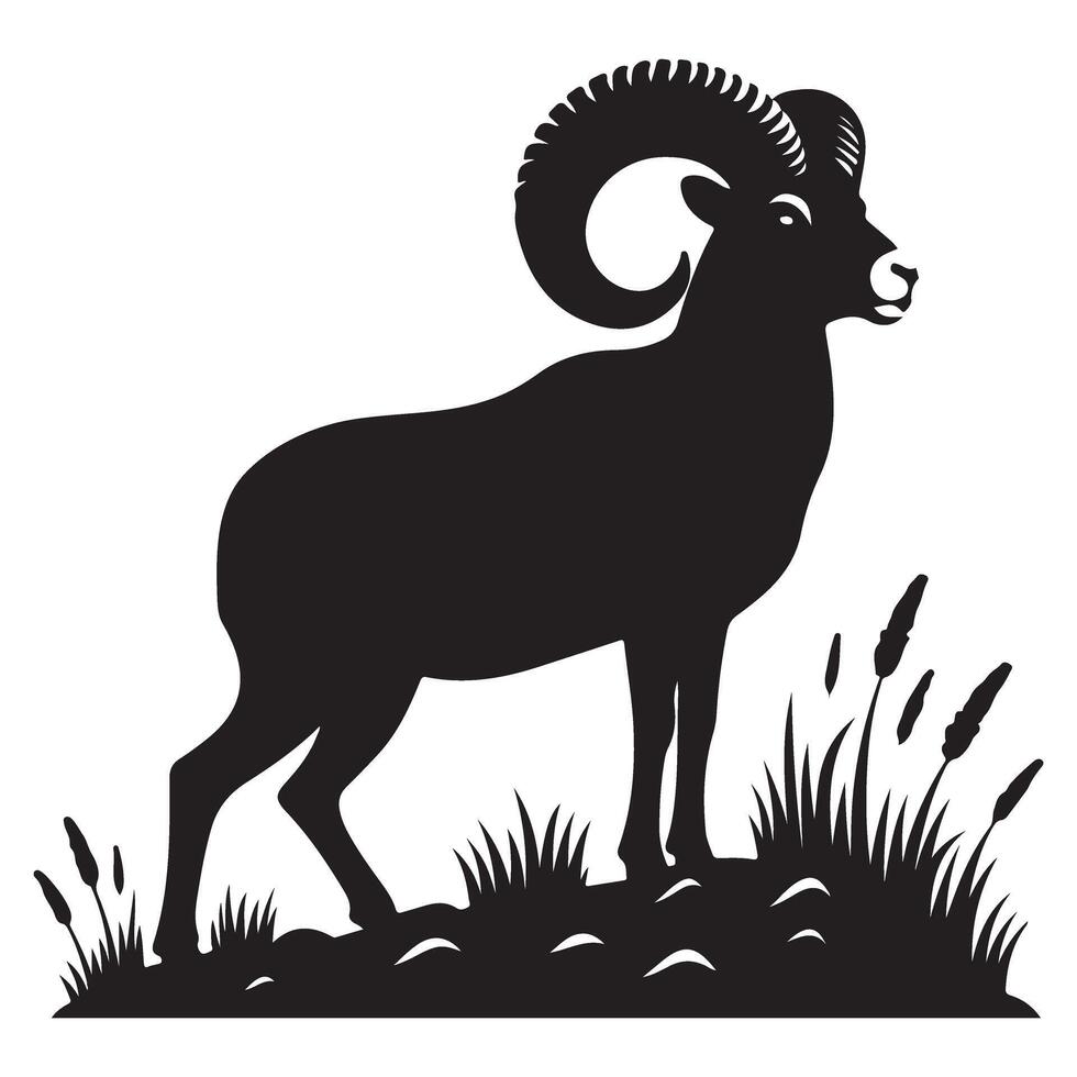 Powerful Ram Silhouette Art Standing in Grassy Field vector