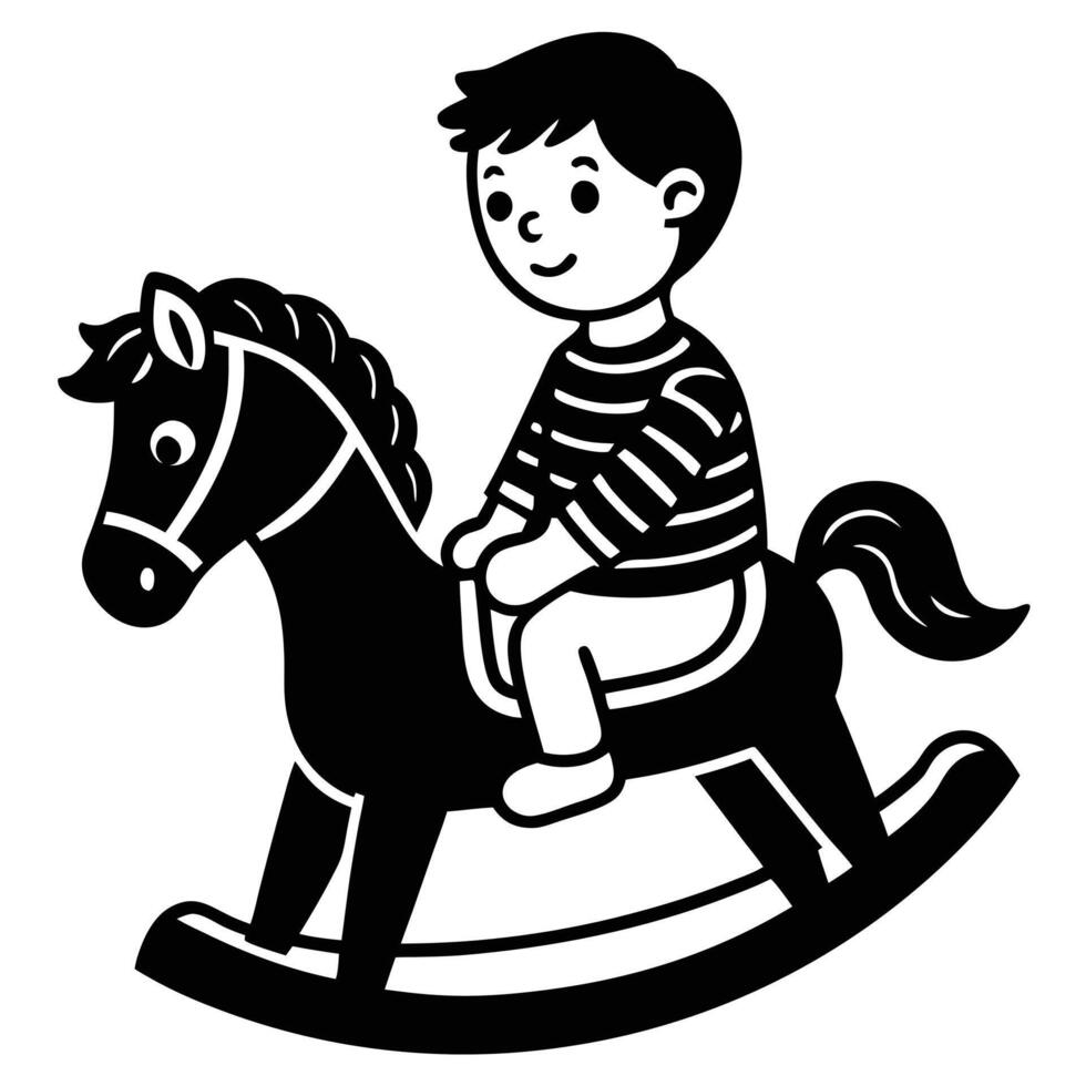 little boy riding toy horse black and white vector