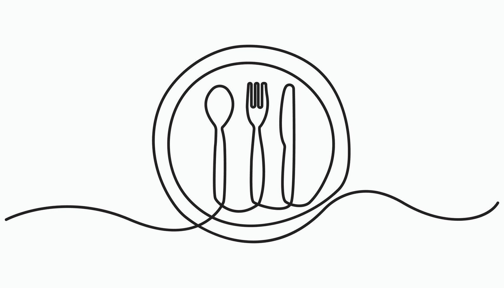 spoon, fork, knife on plate continuous one line drawing vector