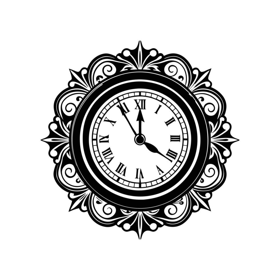 Vintage clock face. Retro clocks watchface with roman numerals, ornate watch and antic watches design vector