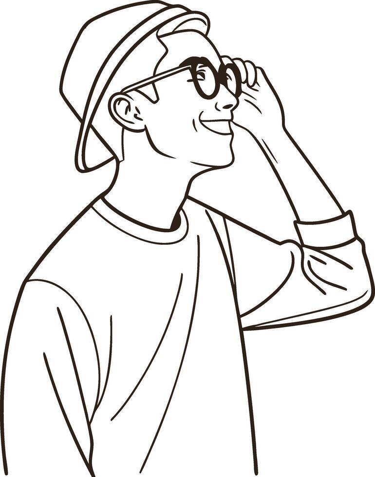 Line art of a stylish man adjusting sunglasses vector