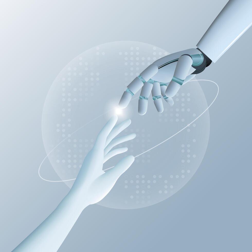 Human hand and android robot hand, technology, development of artificial intelligence, robotics, partnership, digitalization vector