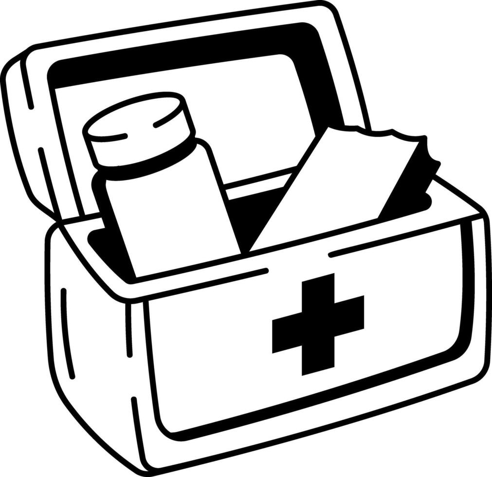 First aid box filled with medicines, doodle style icon vector