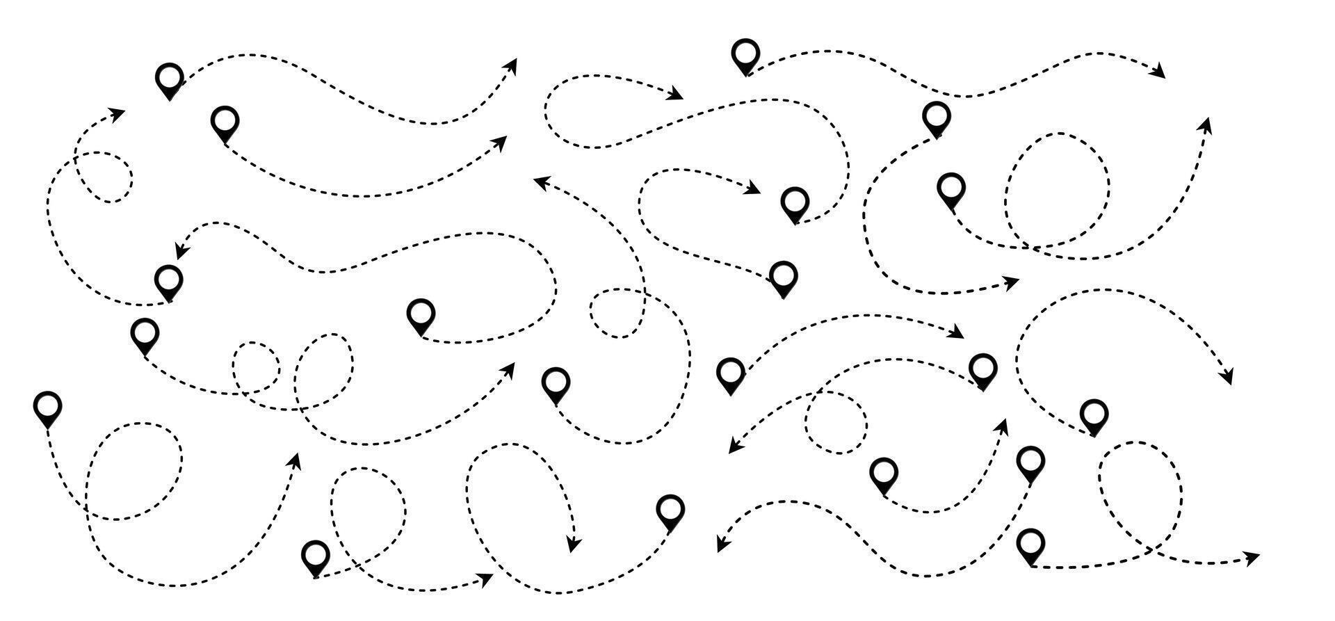 Set of doodle-style, hand-drawn, curved, dotted-line, thin directional arrows vector
