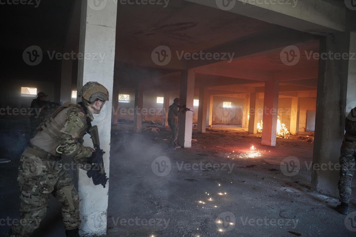 military troops in action urban environment war scene photo