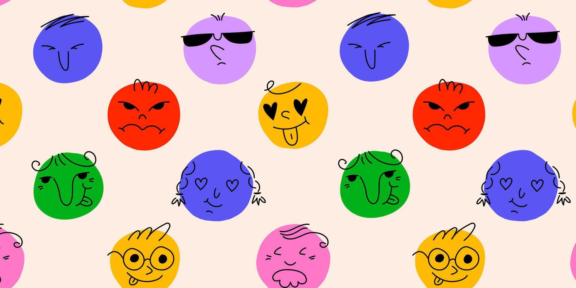 Round abstract comic faces with various emotions seamless pattern. Crayon style. Different colorful characters. Flat design. Hand drawn trendy illustration isolated on background vector