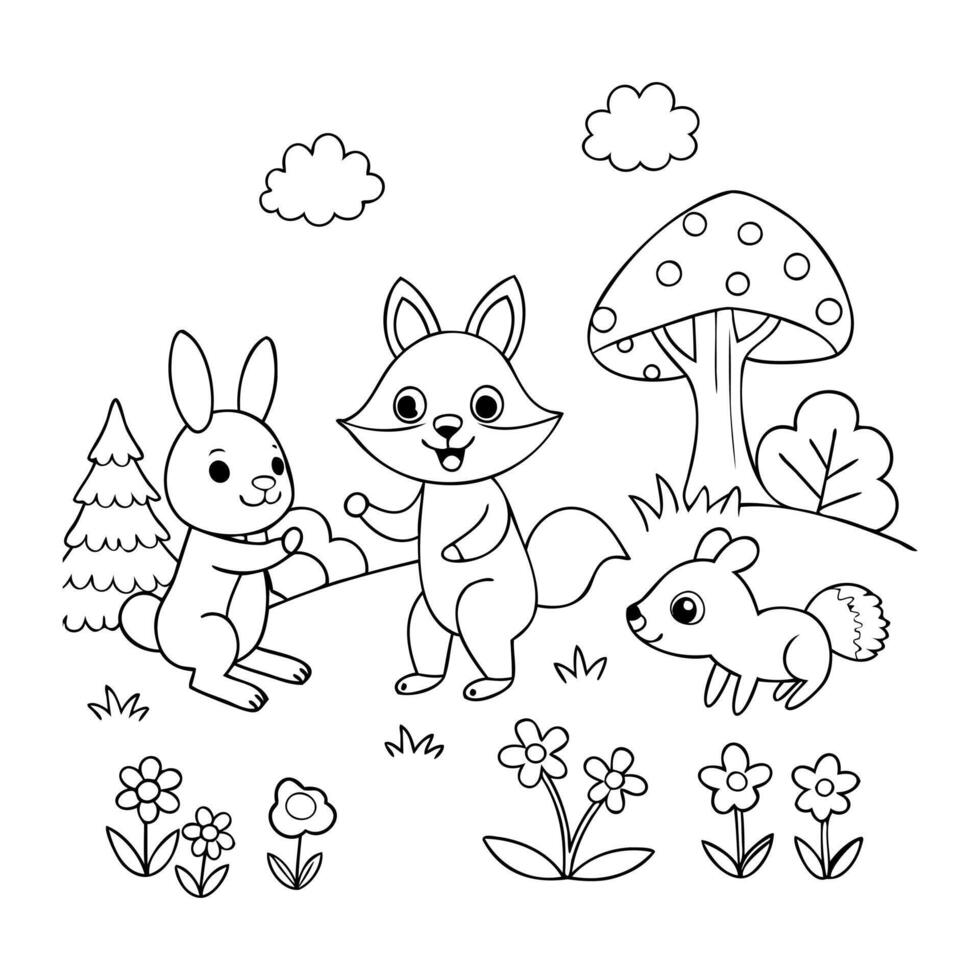 Cute Coloring Page Animals in a Forest Setting vector