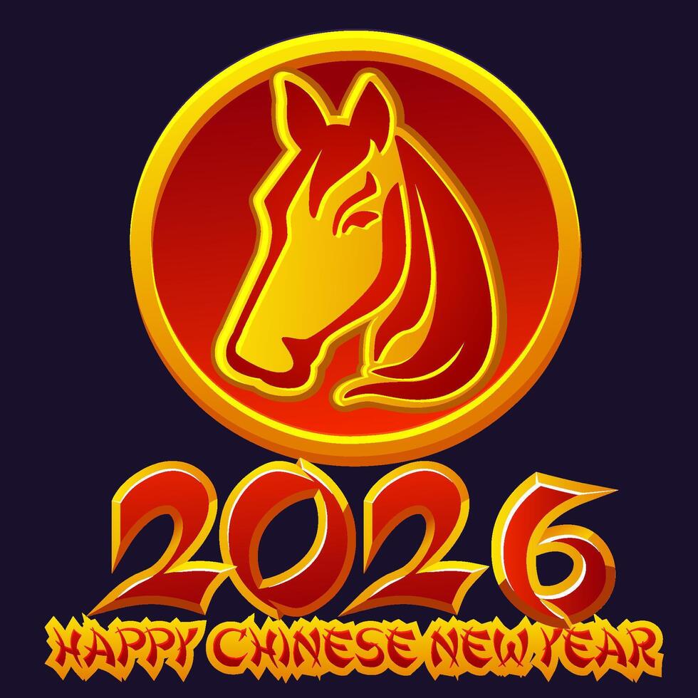 Greeting card with Chinese lucky coin of horse silhouette. The Chinese character for Year of the Horse on the golden coin, Happy Chinese New Year 2026 vector