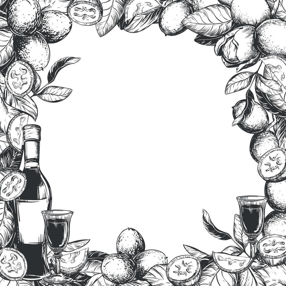 Square frame of walnuts, liqueur bottles, aperitif glasses. illustration in engraving technique. Design for Nocino liqueur. Unripe walnuts whole and pieces, leaves and space for text. vector