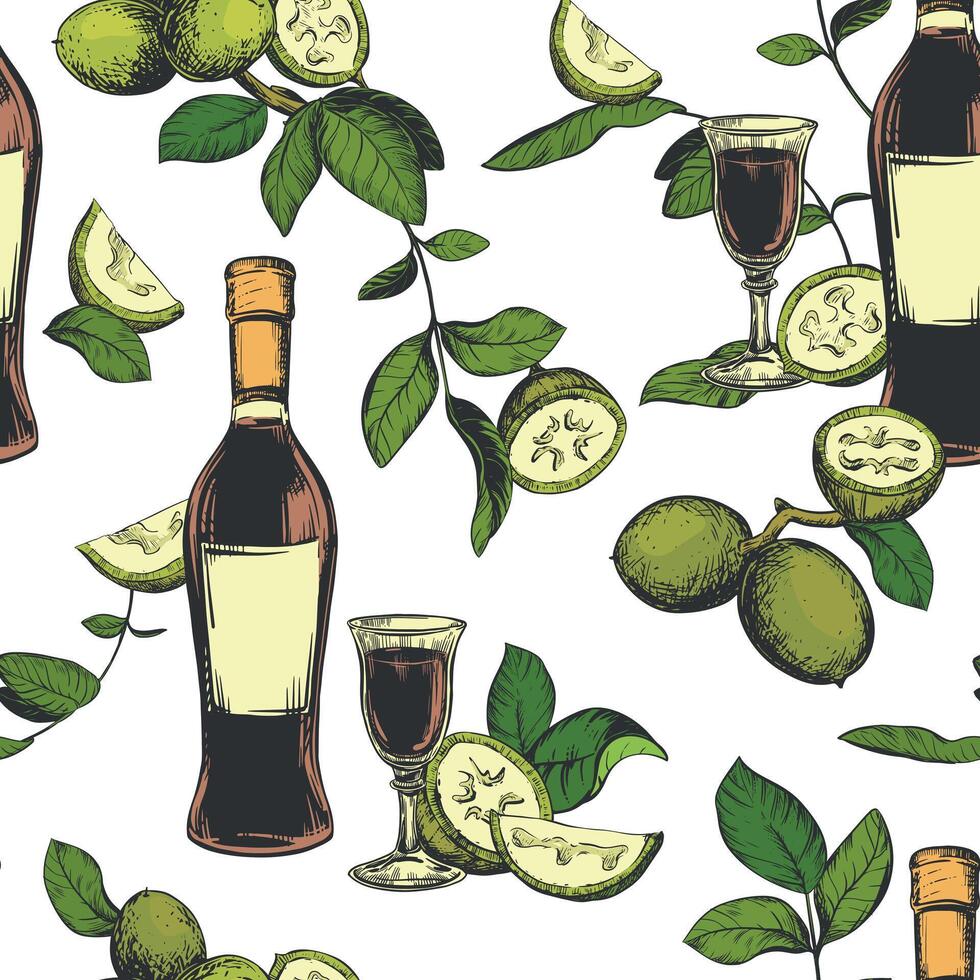 Bottle of Italian liqueur Nocino, glass with aperitif. seamless pattern in color engraving technique. Unripe walnut seeds whole and halves, leaves and branches. Linear sketch in ink. vector