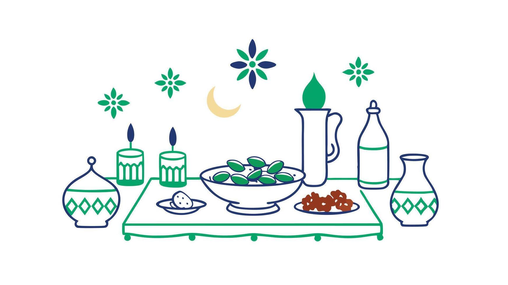 Ramadan Festive Table Dates, Candles, Moon, and Sweets vector