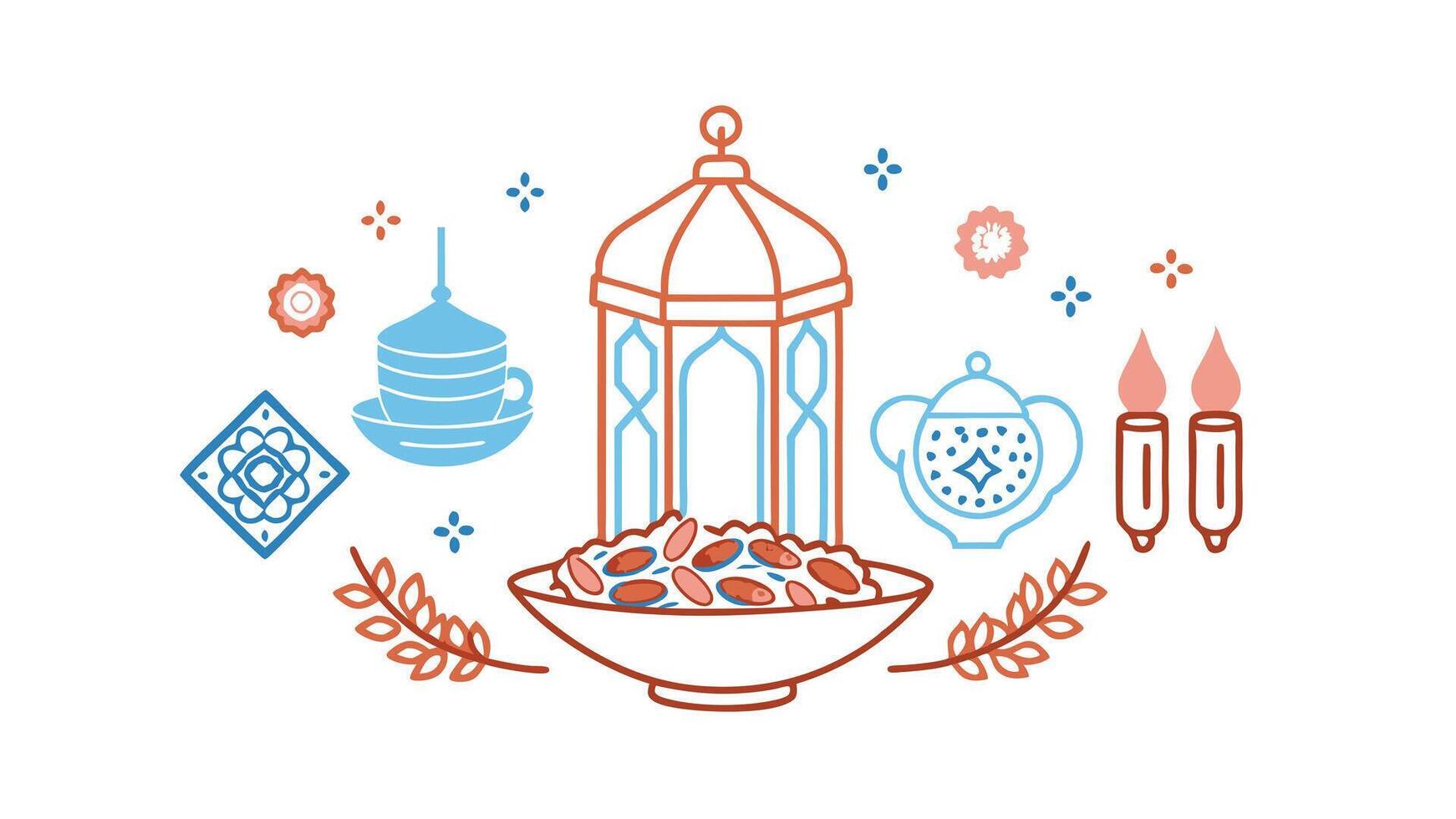 Ramadan Kareem Lantern, Dates, Tea, Candles, Festive Illustration vector