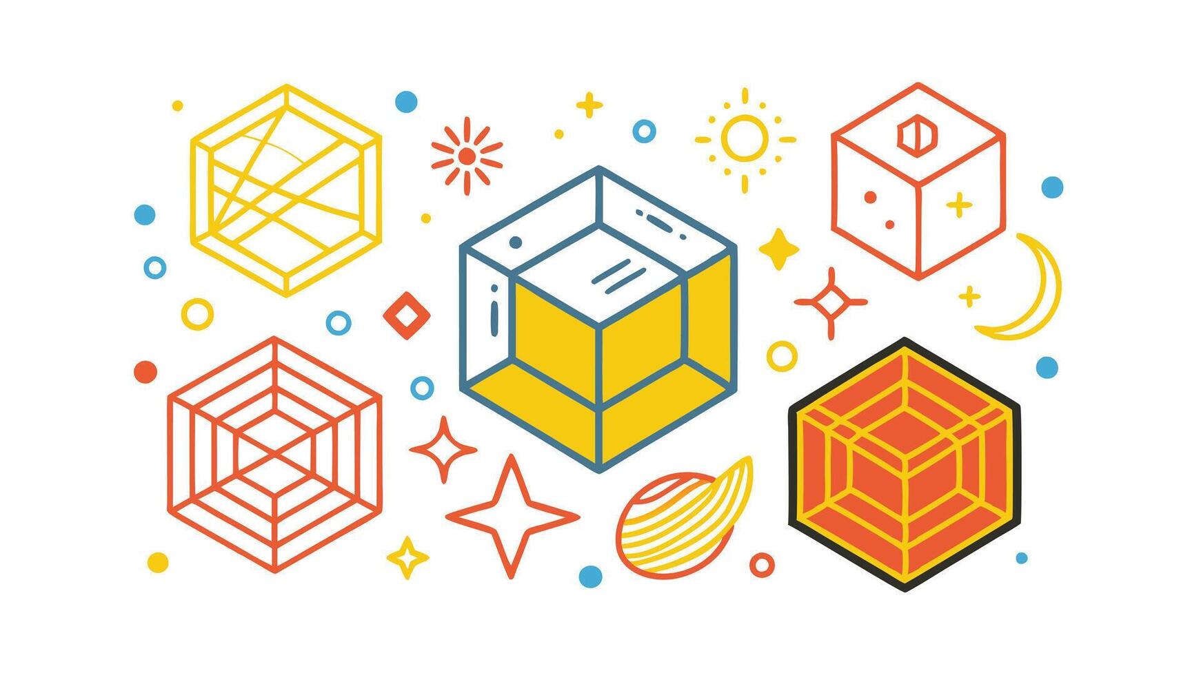 Geometric Shapes, Cosmic Elements, Celestial Cubes, Abstract Design vector
