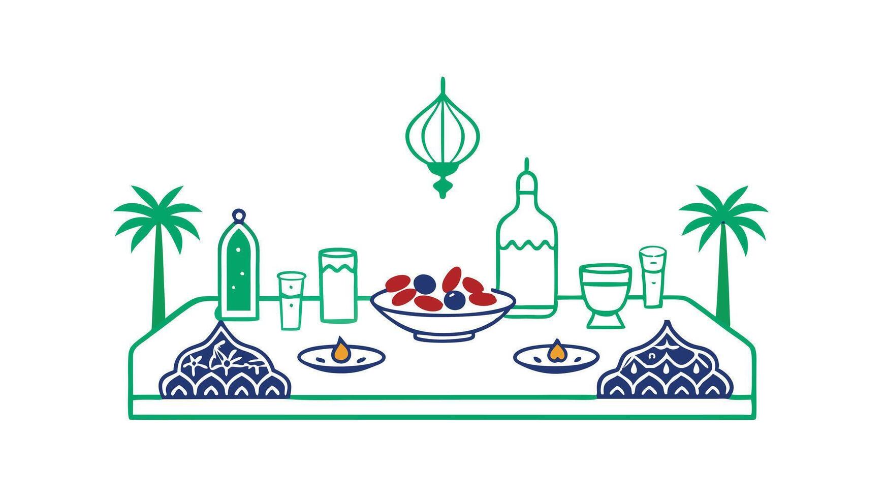 Islamic Festive Table Setting Dates, Drinks, and Lanterns vector