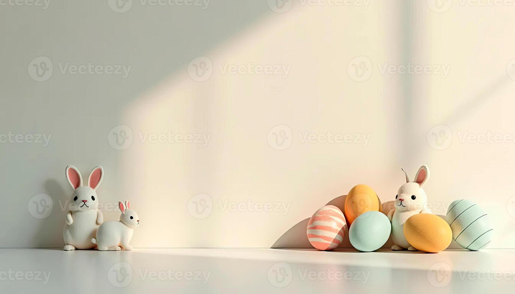 Easter eggs and bunnies on white background with copy space for text photo