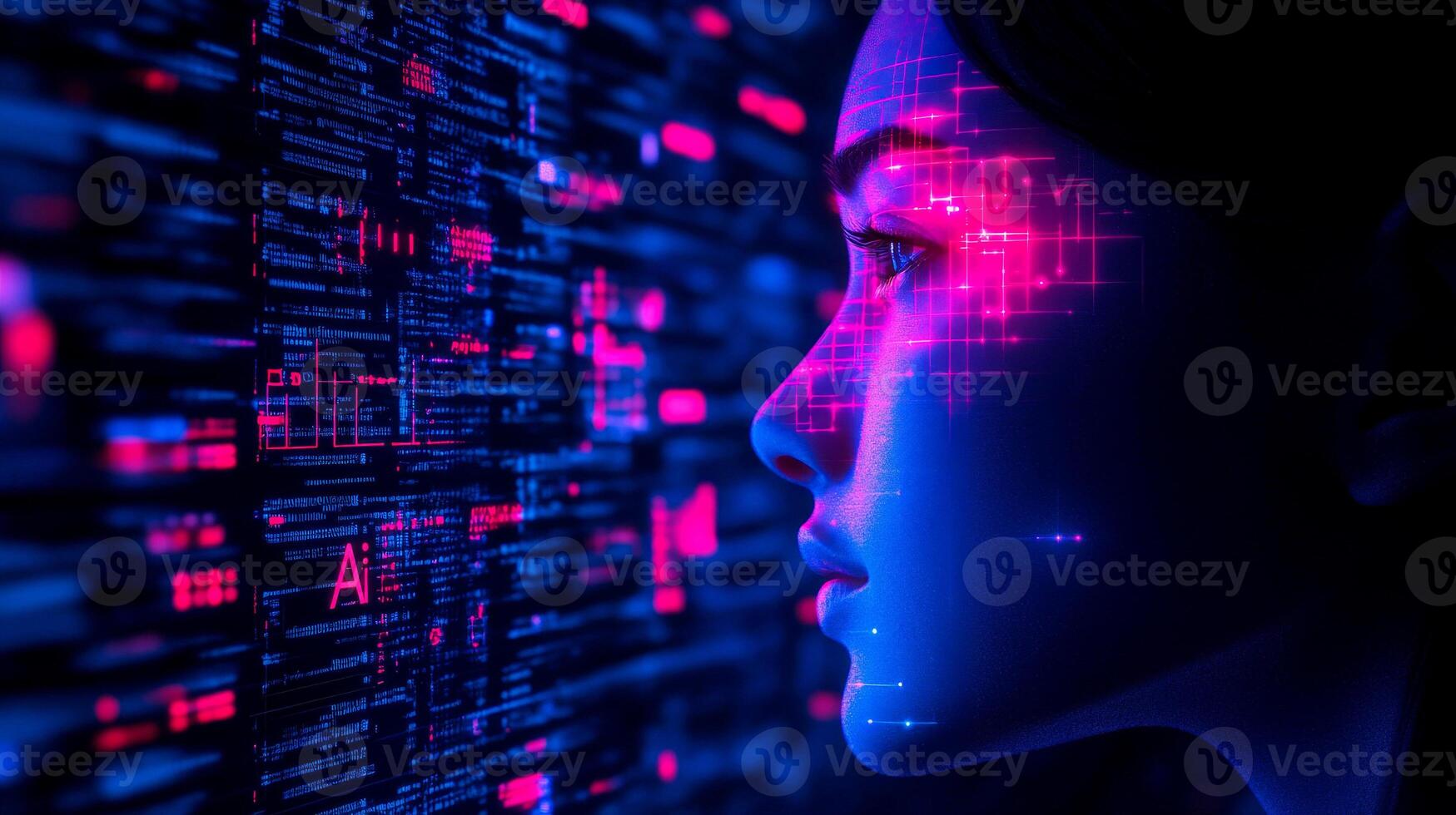 Cyber attack concept. Double exposure of female face and binary code in blue and purple colors photo