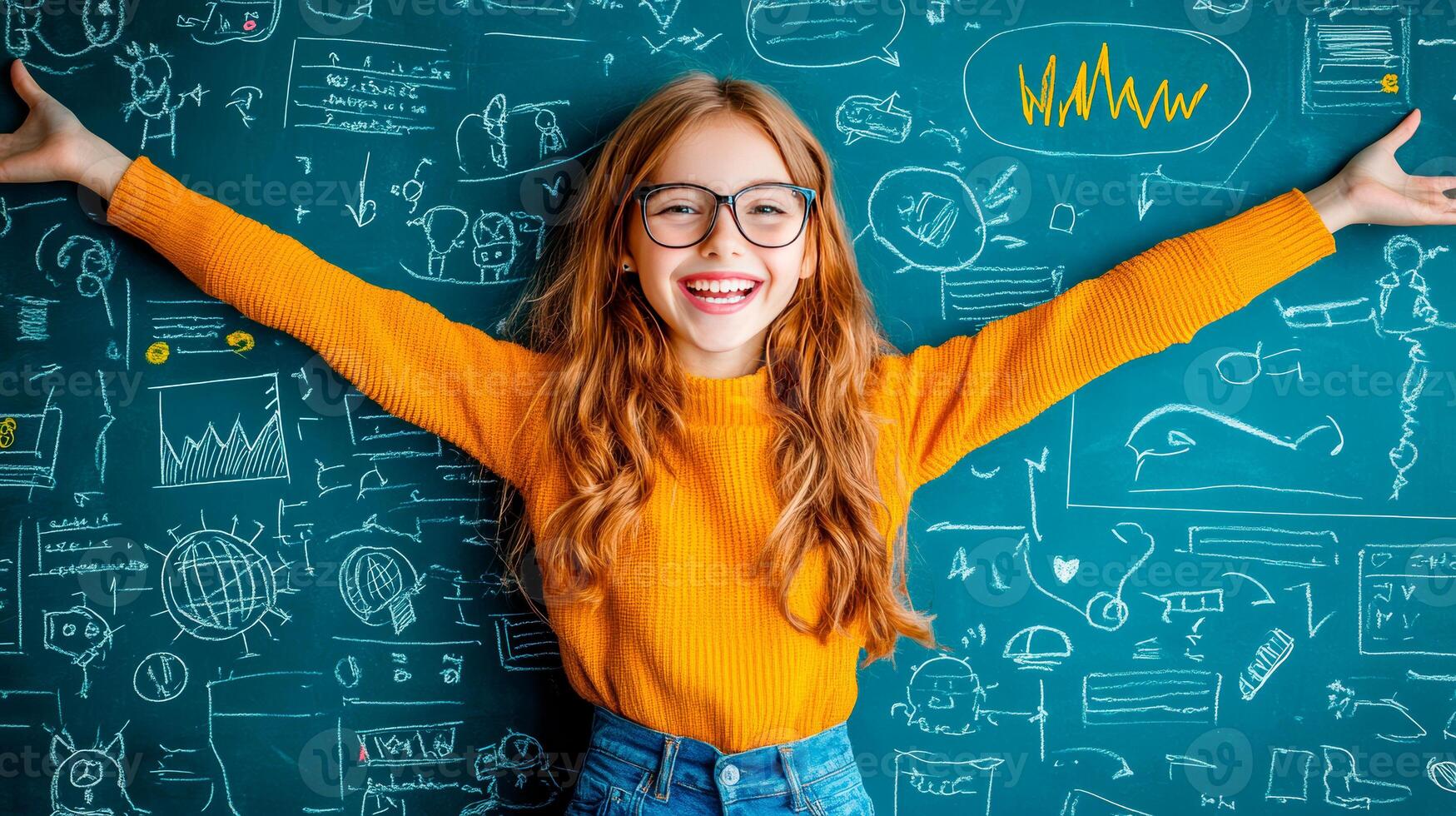 Portrait of a red-haired girl in glasses on the background of the blackboard with drawings photo
