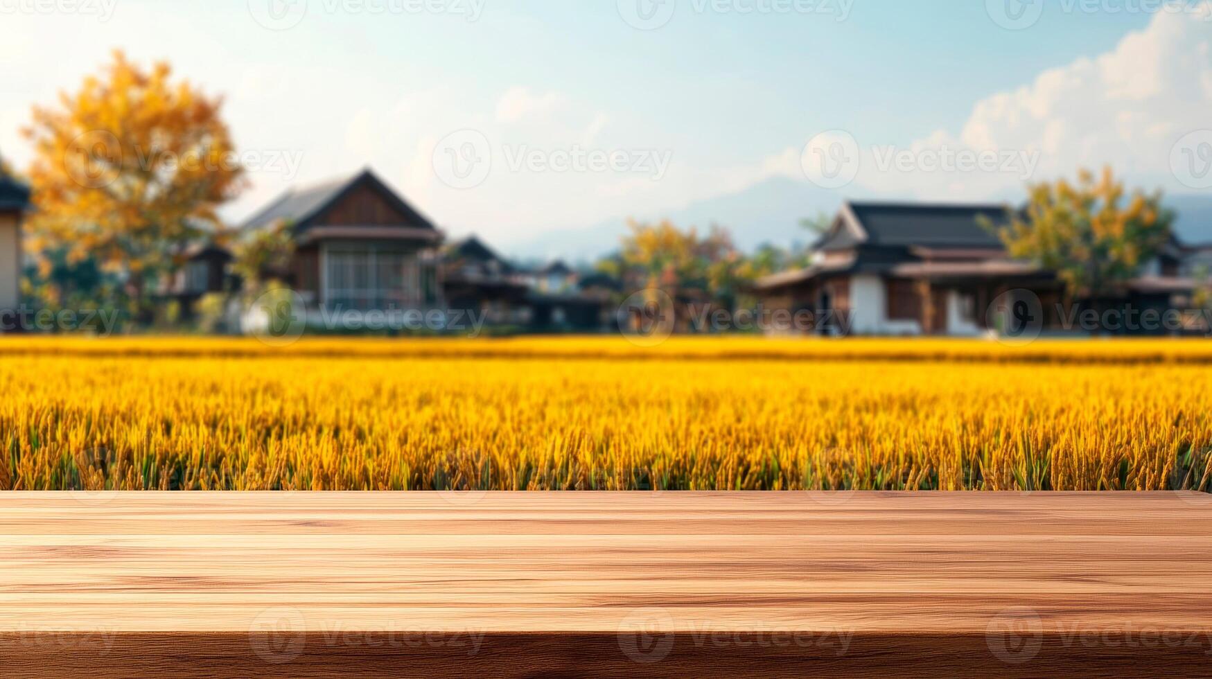 Wooden empty table top on blurred rice field background for display or montage your products photo