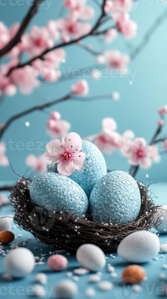 Blue easter eggs in nest with sakura flowers on blue vertical background photo
