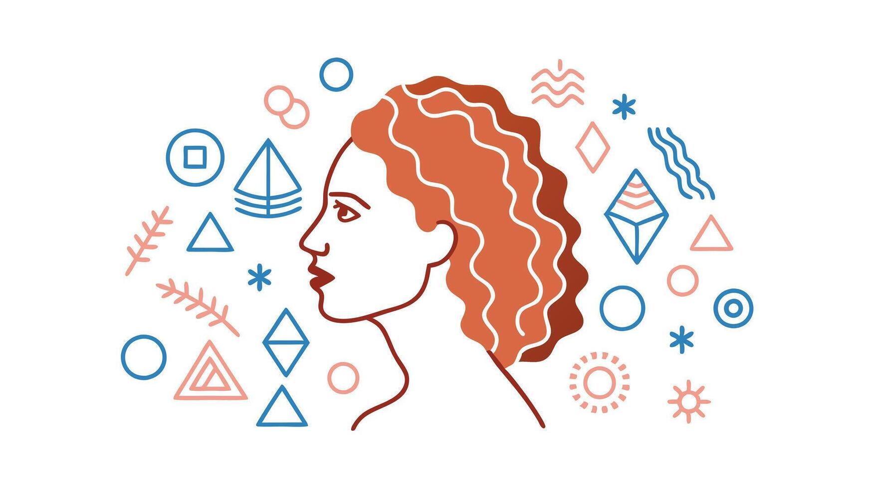 Abstract Woman Profile with Geometric Shapes, Sun, and Plants vector