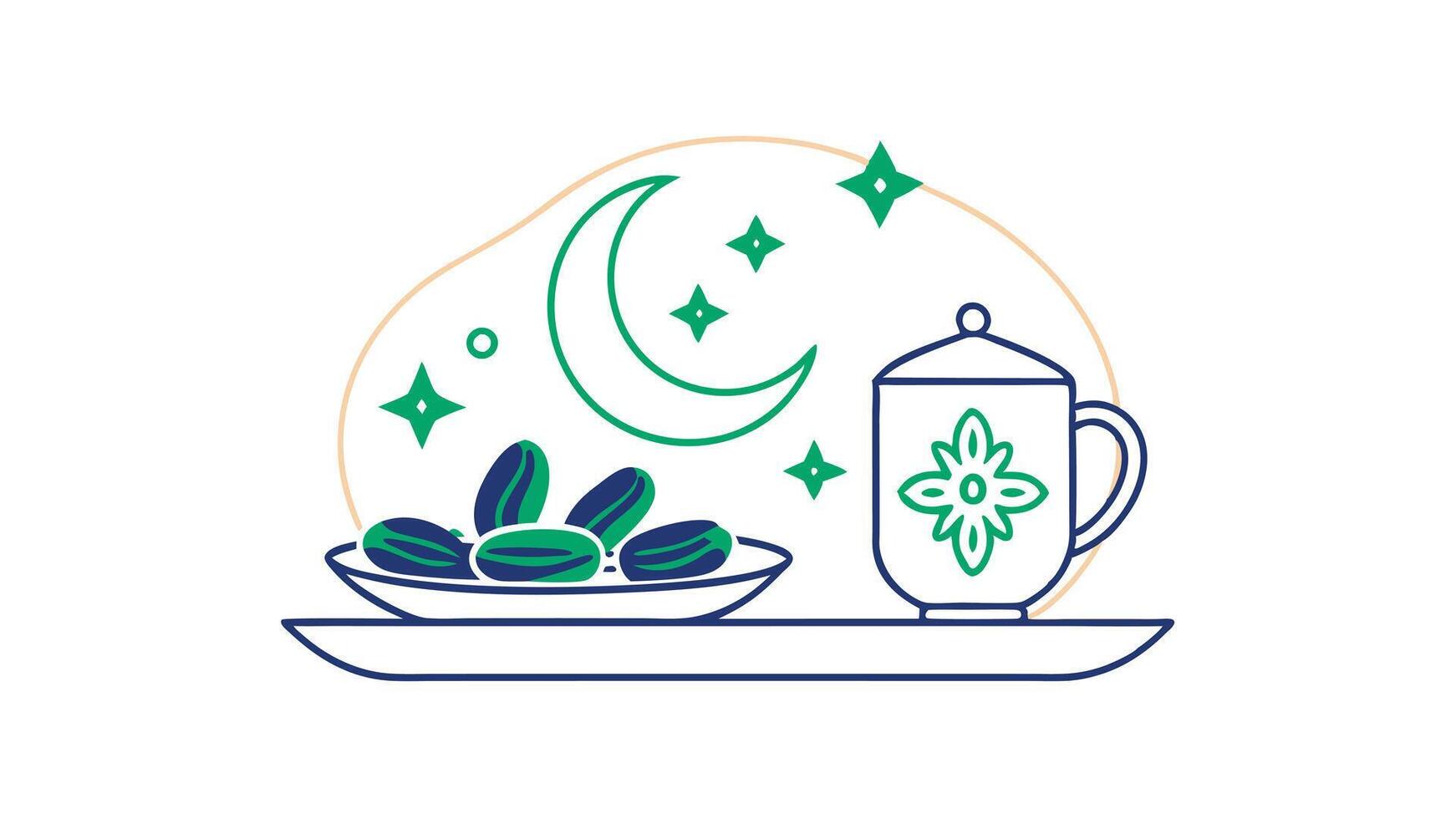 Ramadan Kareem Dates, Moon, Stars, Night, Iftar, Drink, Tray, Celebration, Peace, Blessing vector