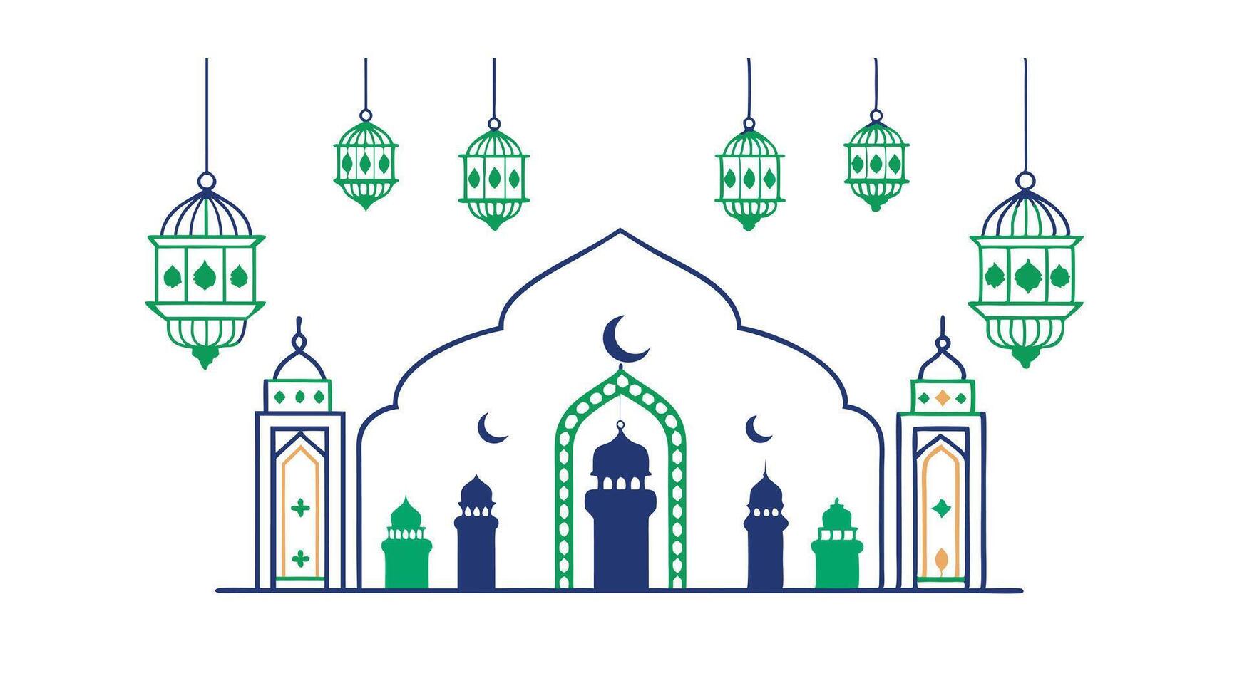 Islamic Mosque Architecture, Ramadan Lanterns, Crescent Moon, Festive Design vector