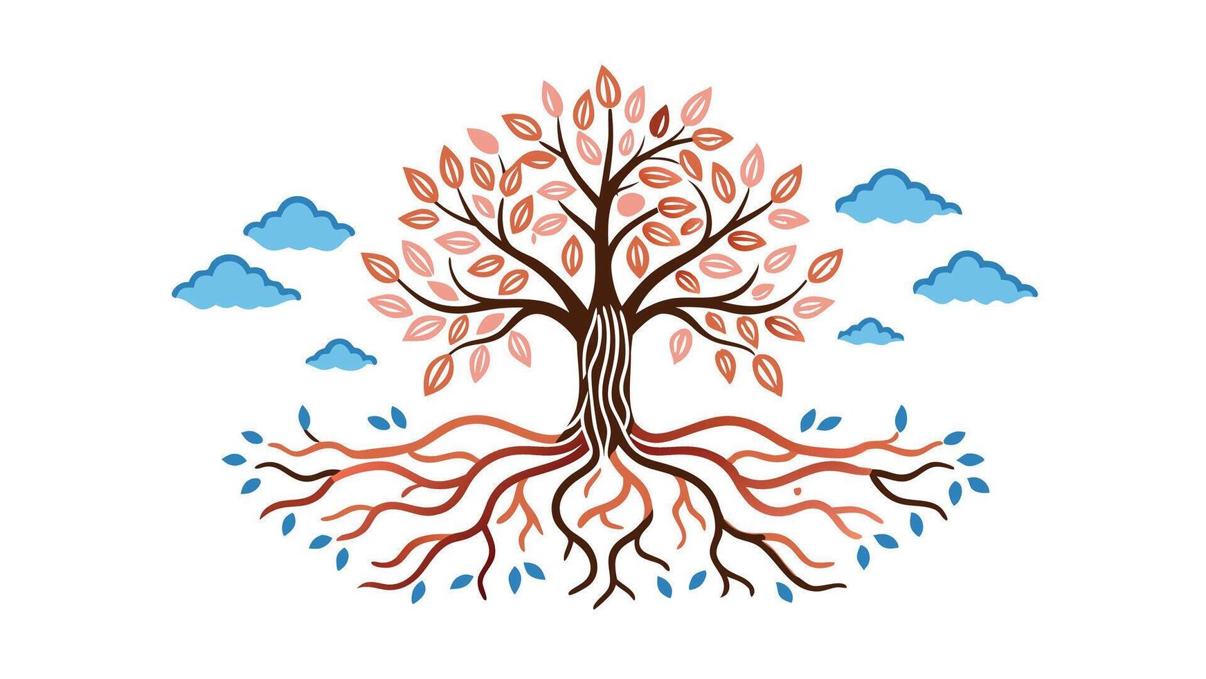 Stylized Tree Illustration Roots, Branches, Leaves, Clouds, Nature vector