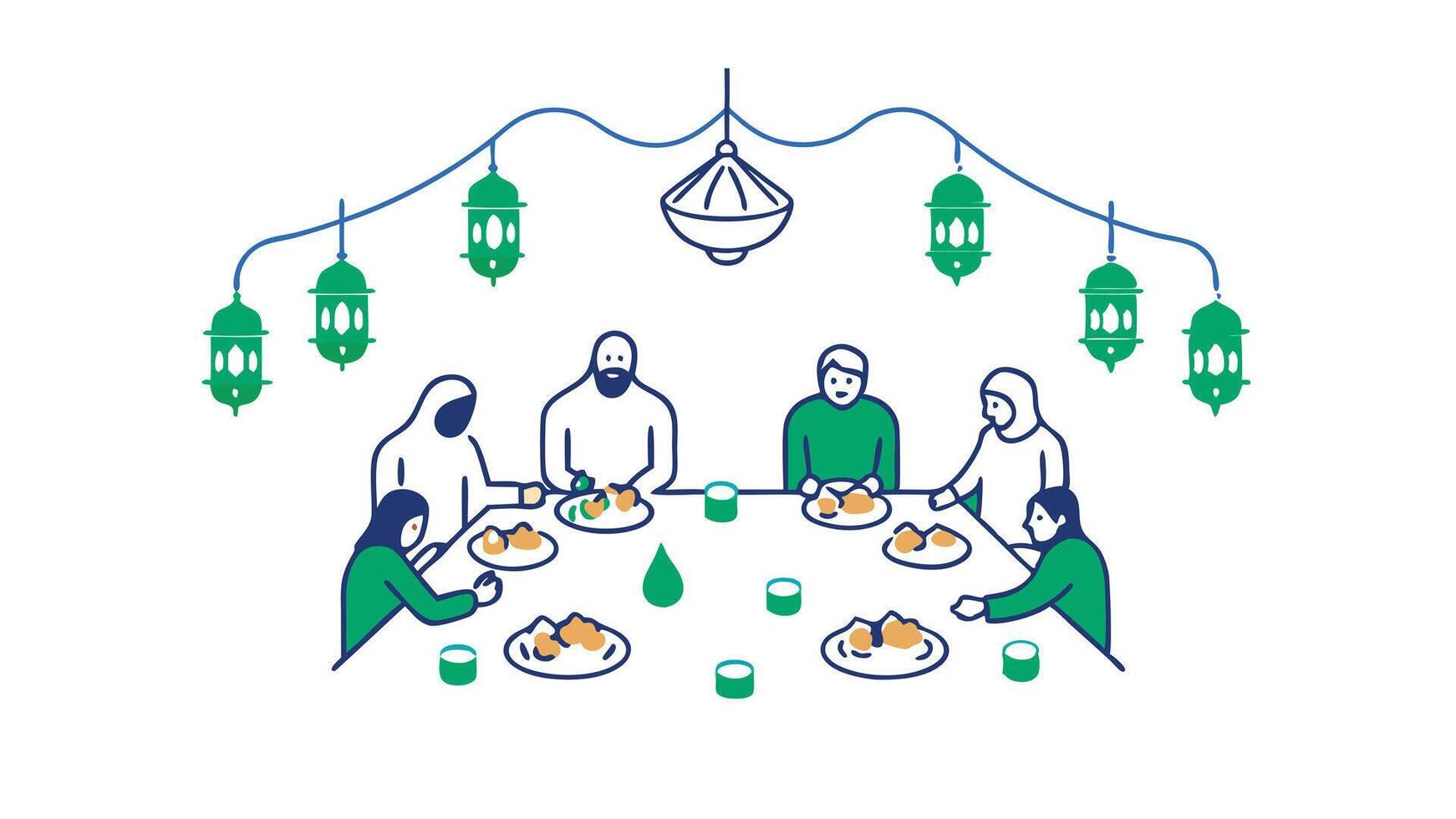 Ramadan Family Iftar Dinner Festive Gathering Lanterns Celebration vector