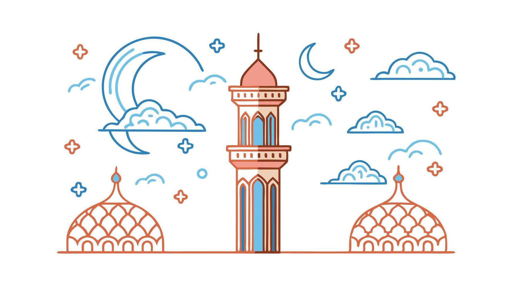Night Scene Mosque Minaret Domes Crescent Moon Clouds Stars vector