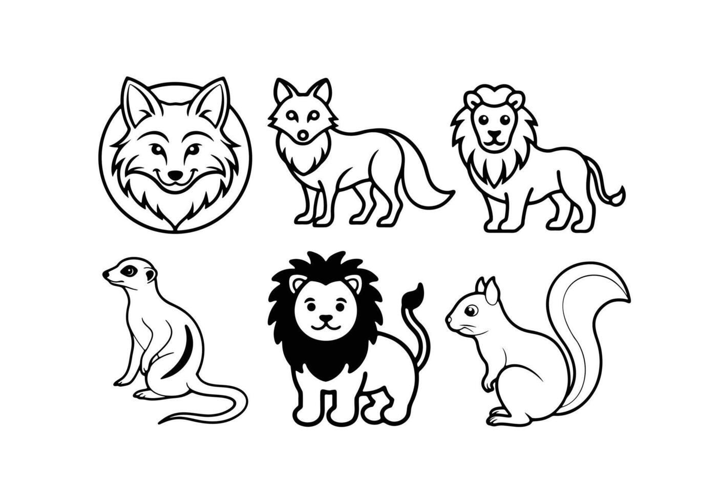 Collection of Stylized Cartoon Animal Illustrations in Black and White vector