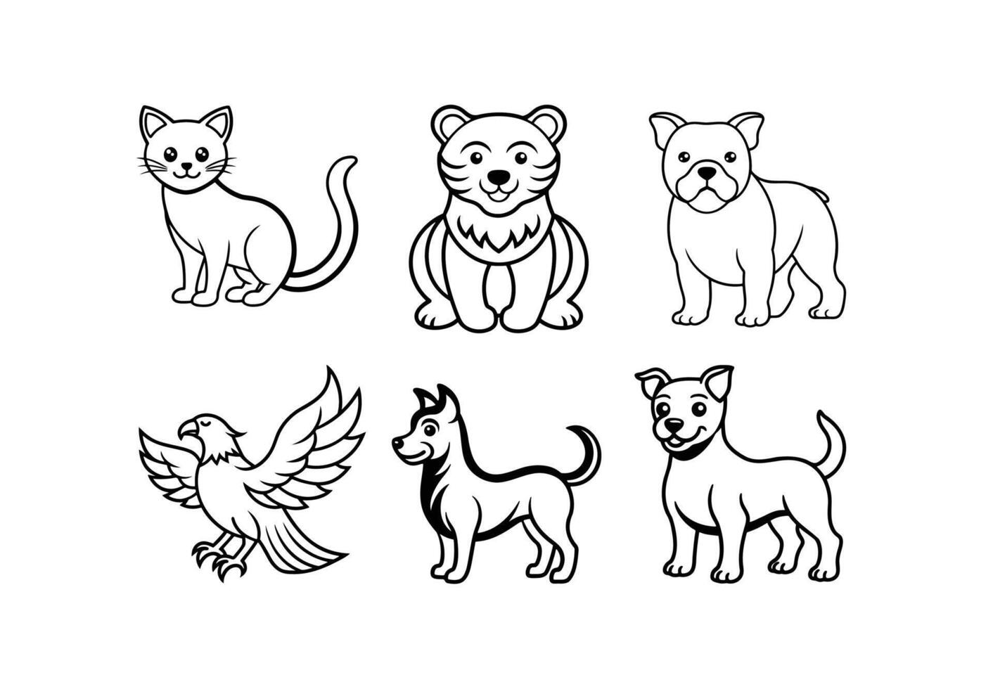 Set of Cartoon Animals Including Cat, Dog, Tiger, and Parrot vector