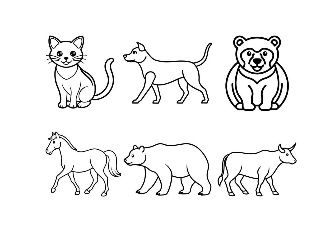 Set of Line Drawings Featuring Various Animal Illustrations and Their Outlines vector