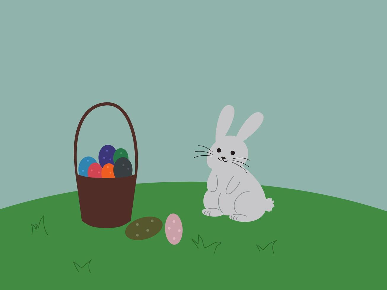 A flat illustration of an Easter scene with a white rabbit sitting on green grass vector