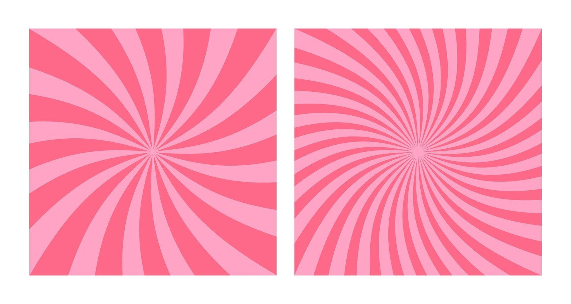 Set of Two Abstract Magenta Spiral Patterns on Pink Background. Square Posters with Pink Purple Groovy Hypnotic Swirls, Retro Inspired Grunge Sun Bursts vector