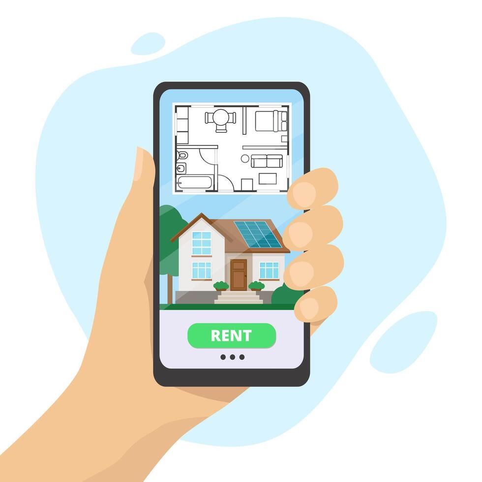 A hand holding mobile device with rent home app displaying blueprint of a house. Considering purchase of a property. Illustration for real estate platforms, showcasing rental properties vector