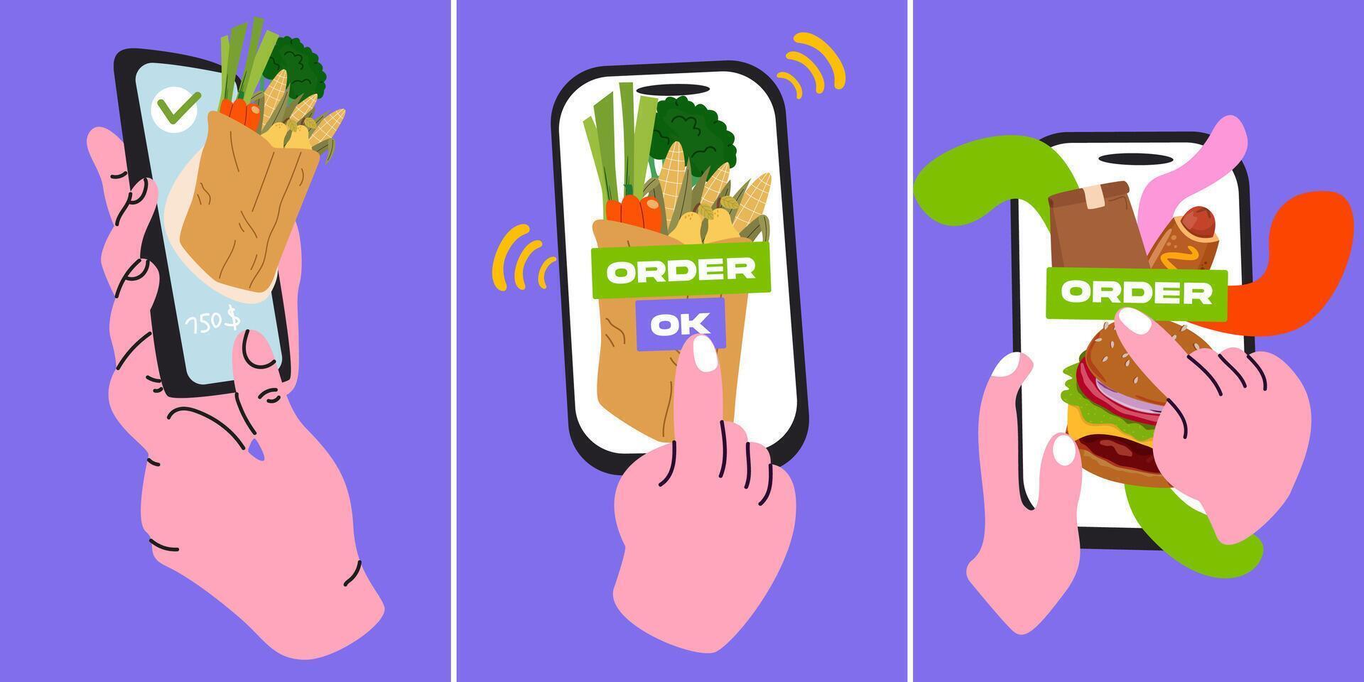 Food delivery online service on mobile phone. Abstract bright retro banner for website, poster or delivery site. Modern retro flat illustration vector