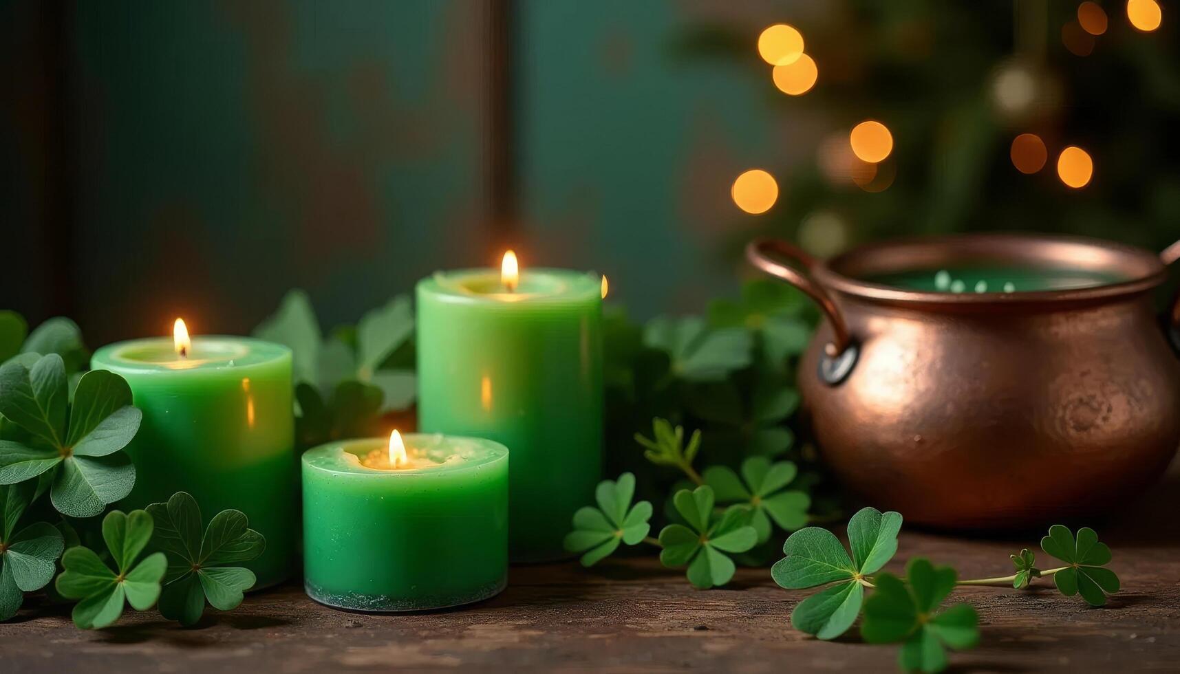 St. Patrick's Day background with green clover leaves and burning candles photo