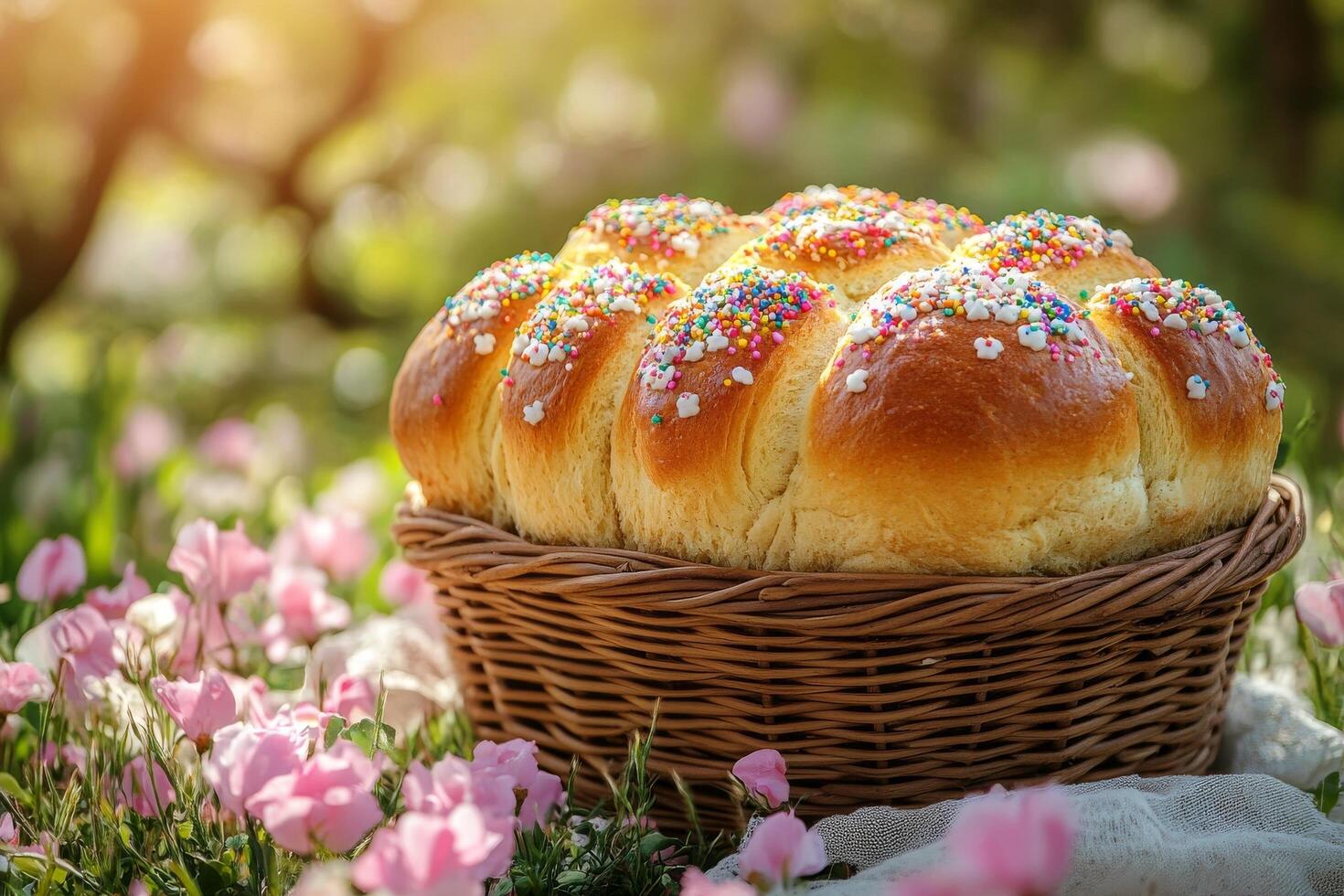 Basket of easter bread with colorful sprinkles and pink flowers on nature background photo