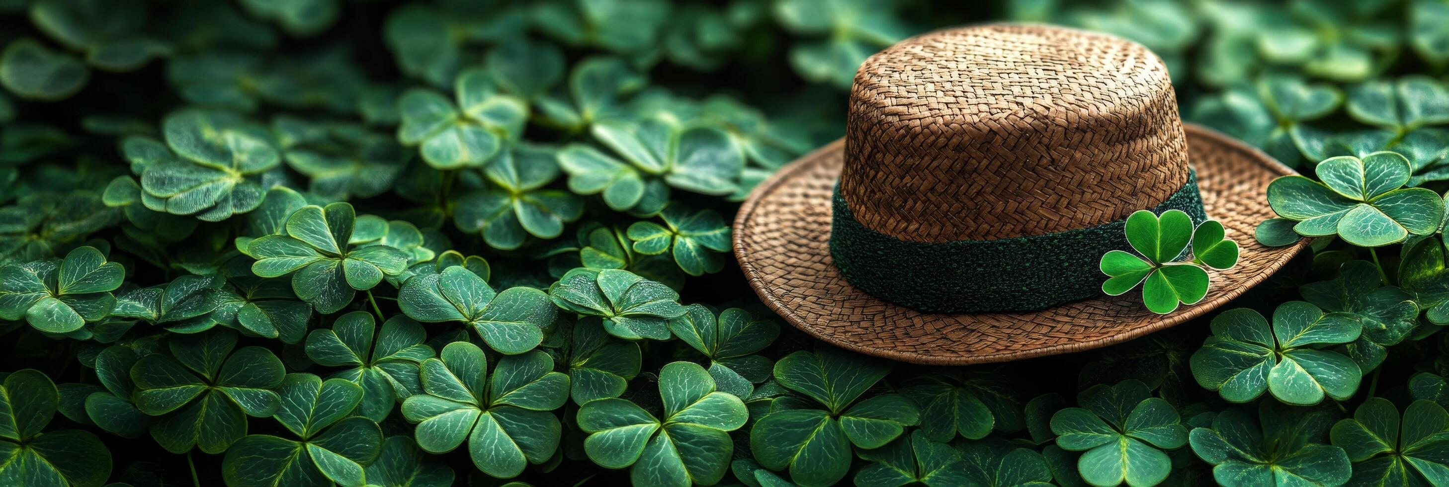 Banner St. Patrick's day with clover leaves and hat background with copy space for text photo