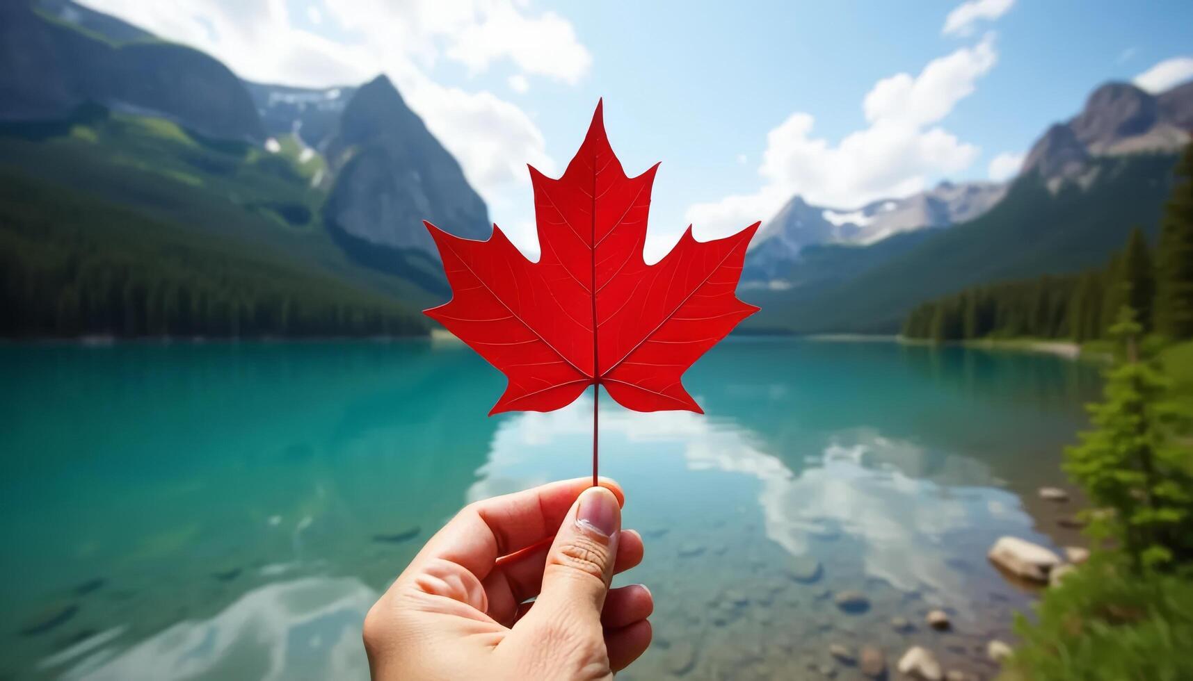 Maple red leaf in hand on background of lake in mountains, symbol of Canada photo