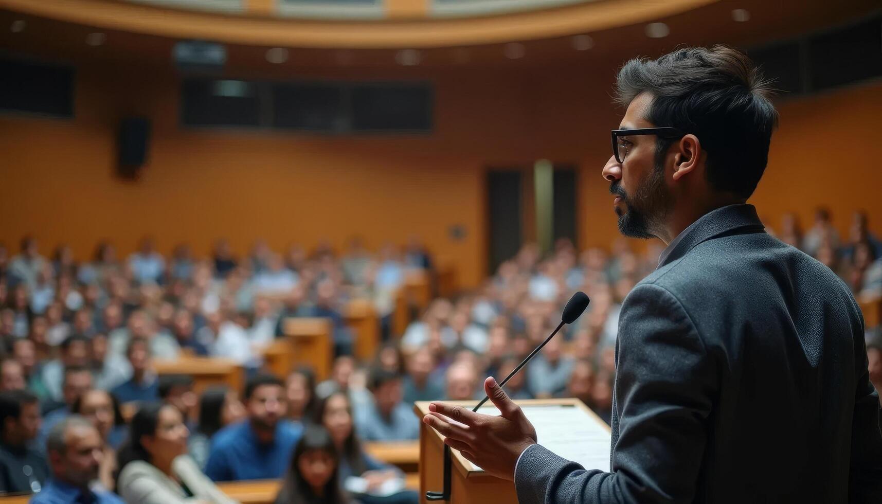 Indian speaker Giving a Talk at Business Conference. Audience at the conference hall. Business and Entrepreneurship concept photo