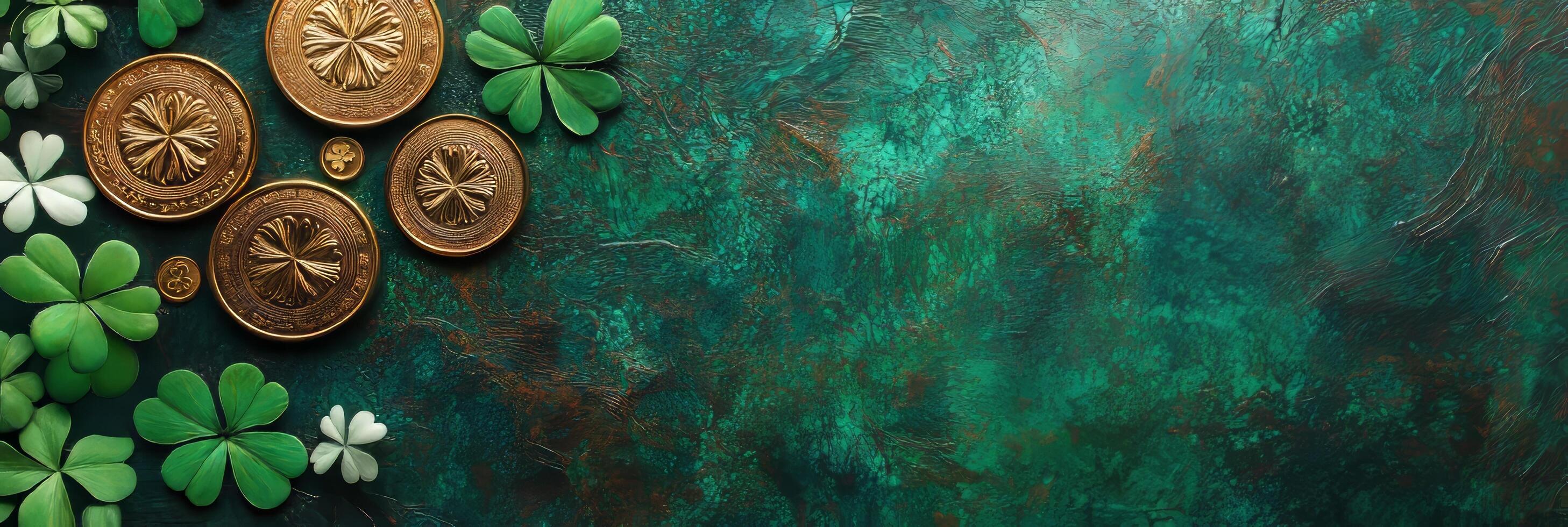 St. Patrick's Day banner background with clover leaves, gold coins and copy space for text photo