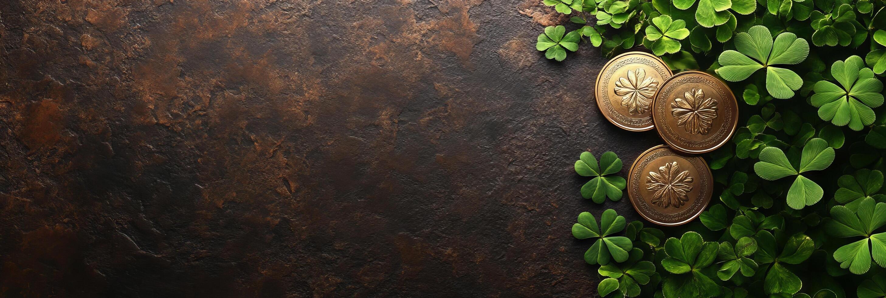Banner St. Patrick's Day background with clover leaves and gold coins with copy space for text photo