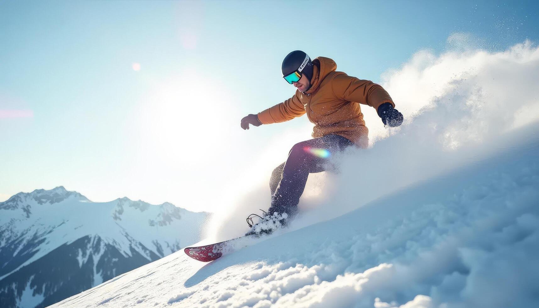 Snowboarder jumping in mountains at sunny day. Extreme winter sport. photo