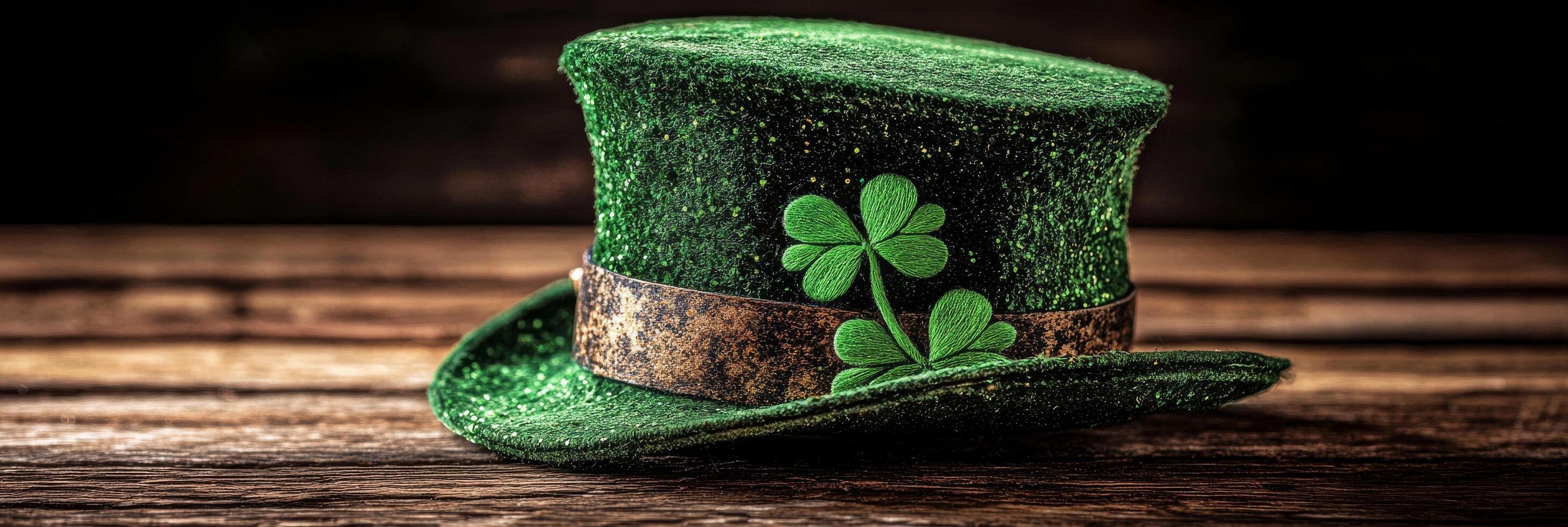 Banner St. Patrick's Day hat with clover leaf on wooden background with copy space for text photo