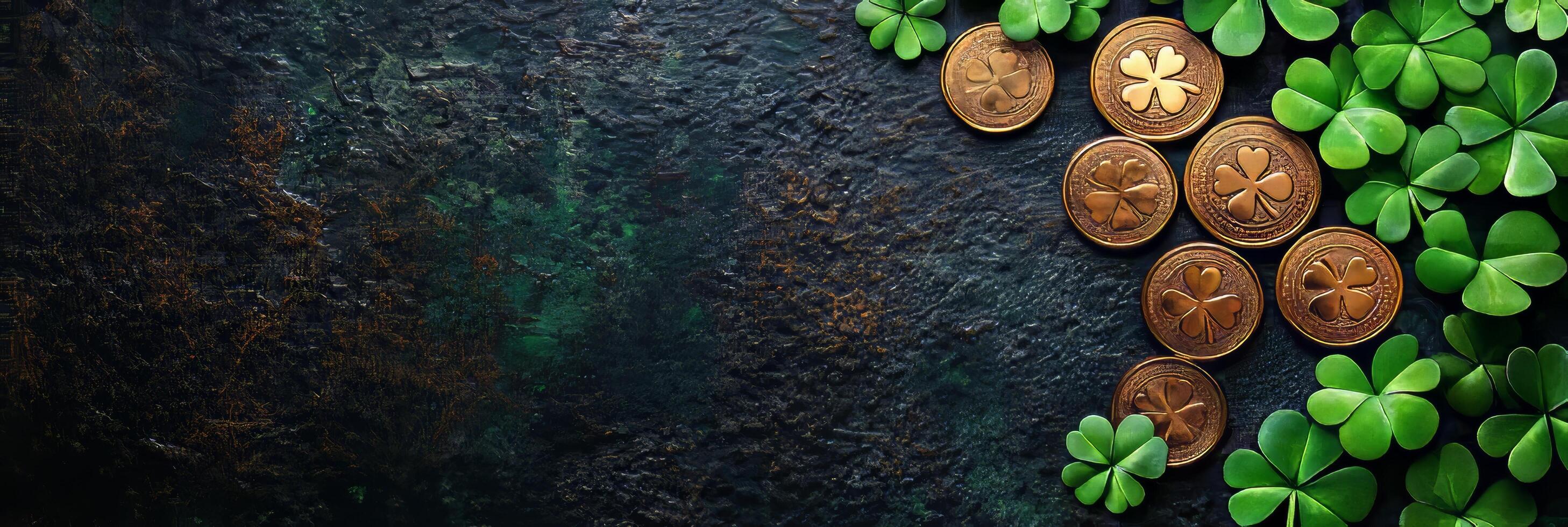Banner of St. Patrick's Day background with clover leaves, gold coins and copy space for text photo
