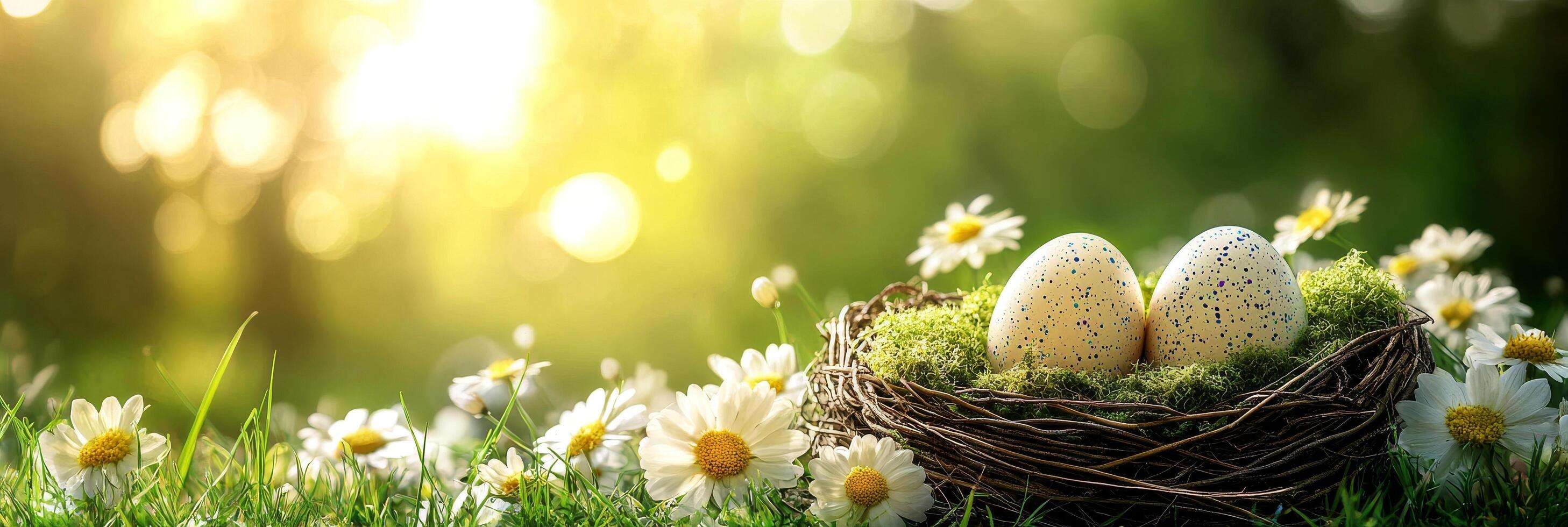 Banner with easter eggs in the nest with daisies on green grass with copy space for text photo