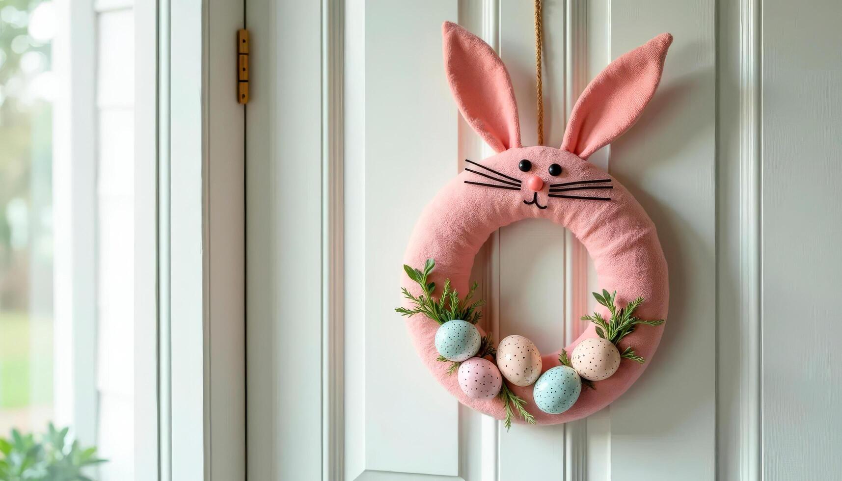Easter DIY decoration with pink bunny and volume colorful eggs on white door in home photo